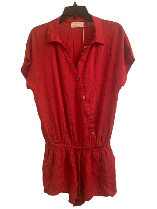 Mustard Seed Pants - Mustard Seed Red Button-Up Romper Small 100% Rayon Casual Womens Summer Outfit